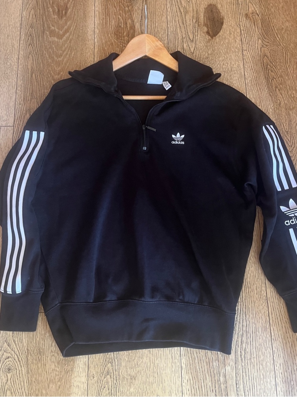 adidas Black Half-Zip Sweatshirt with White Sleeve Stripes and Trefoil